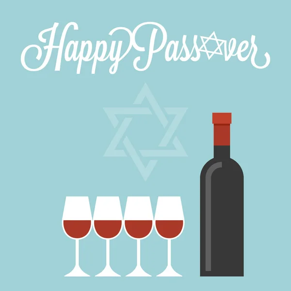 Happy Pesach plakát s láhví vína a čtyři sklenice, plochý design — Stockový vektor