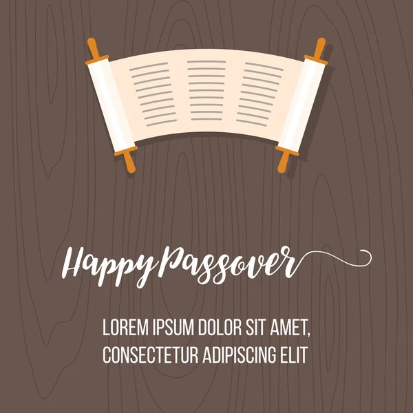 Happy passover poster with torah scroll on wooden background, flat design — Stock Vector