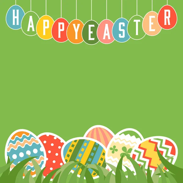Święta Wielkanocne w tagu i kolorowych jaj na trawy z miejsca na zielonym tle dla biznesu, plakat, reklama, Płaska konstrukcja wektor — Wektor stockowy