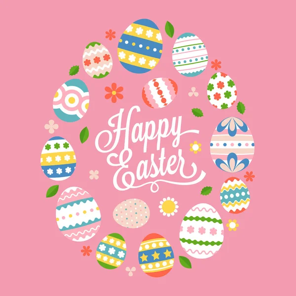 Szczęśliwy Wielkanoc kaligraficzna napis ręcznie czcionki z kolorowych jaj, płaska — Wektor stockowy