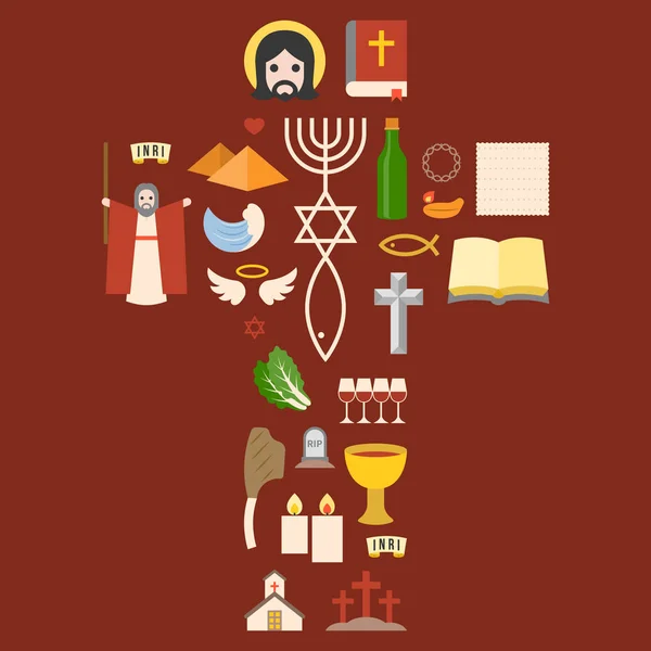 メシア的なユダヤ教サインと出エジプト記から聖書のアイコンを配置のため過ぎ越しの休日、フラットなデザインのピクトグラムのクロス — ストックベクタ