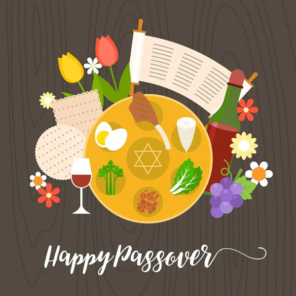 Gelukkig Pascha met seder bord, wijn, matzah op bruine achtergrond, platte ontwerp vector — Stockvector