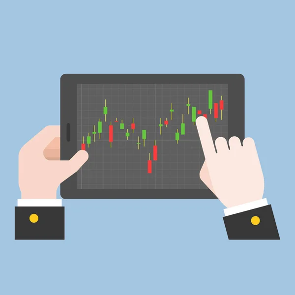 Guia de mão de negócios na tela do tablet com vara de vela de estoque de mercado, ganhando dinheiro on-line de forex ou conceito de negociação, design plano — Vetor de Stock