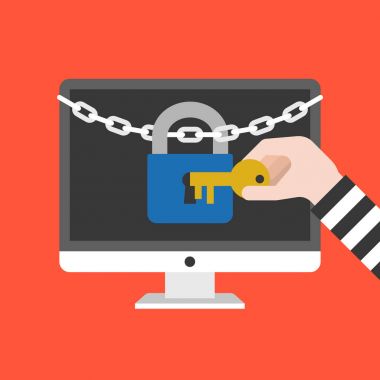 hırsız el holding anahtar kilit ve bilgisayar ekranı, kişisel verileri koruma kavramı, düz tasarlamak vektör zinciri açmak için
