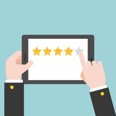 İş el derecelendirme yıldız tablet, düz tasarım vektör geribildirim konsepti