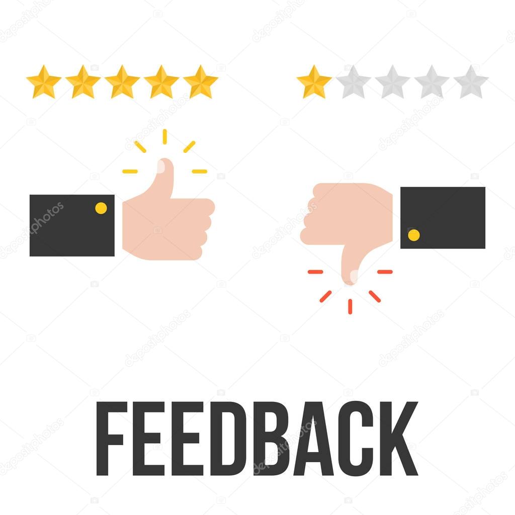 Feedback concept vector with thump up and five stars, flat design vector