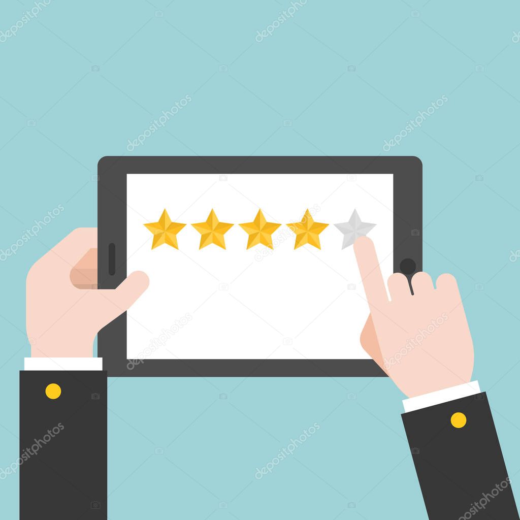 Business hand rating stars on tablet, flat design vector feedback concept