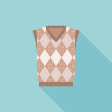 kahverengi argyle erkeğin örme yelek simge, uzun gölge ile düz tasarım