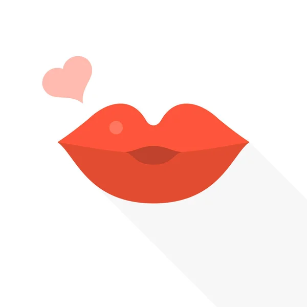 Embrasser les lèvres avec l'icône du cœur, design plat avec une ombre longue — Image vectorielle