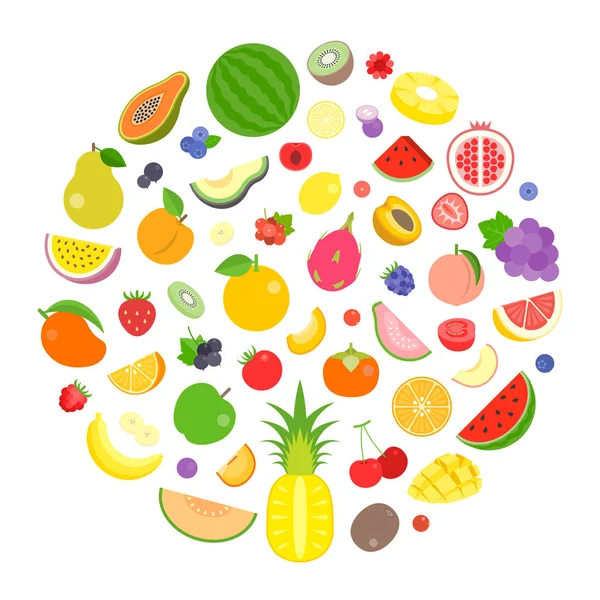 Красочные фрукты и ягоды вектор упорядочить в форме круга. дизайн для баннера, искушение и фон для обратного отбрасывания. Плоский стиль — стоковый вектор