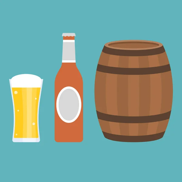 Copo de cerveja, garrafa e barril, ícone de design plano —  Vetores de Stock
