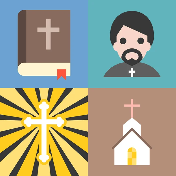 Vector over christelijke en kerk iconen set, platte ontwerp — Stockvector