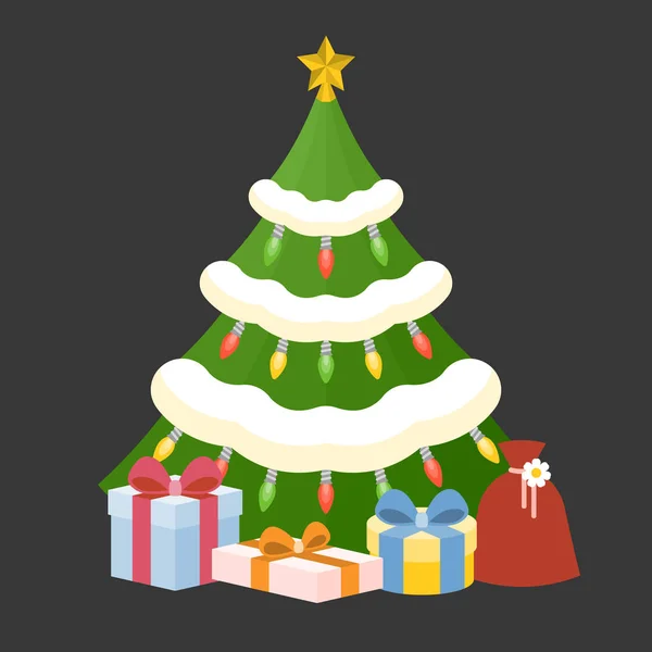 Vector christmas tree with present box, flat design — Stock Vector