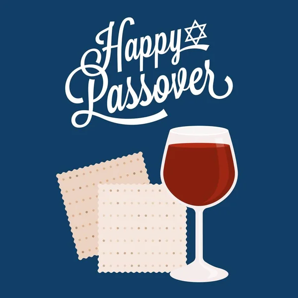 Gelukkig Pascha met davidster, wijn en matzah crackers, platte design — Stockvector