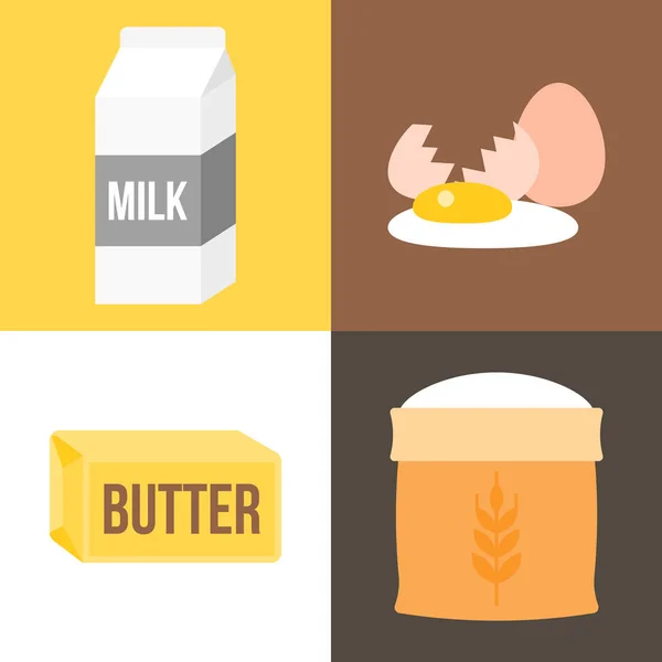 Ingredienser ikonen för bageriprodukter, mjölkpaket, ägg, vetemjöl och smör, platt design vektor — Stock vektor