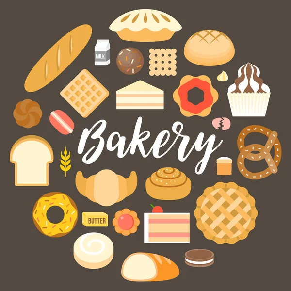 Bakkerij kop en bakkerijproducten regelen in cirkel vorm, plat ontwerp vector voor de poster of het spandoek — Stockvector