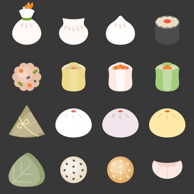 Lotus yaprağı, domuz eti hamur tatlısı ve sığır eti top, düz tasarım simgesi dim sum Kanton yiyecek, ekmek, pirinç hamur tatlısı, yapışkan pirinç gibi sarılmış