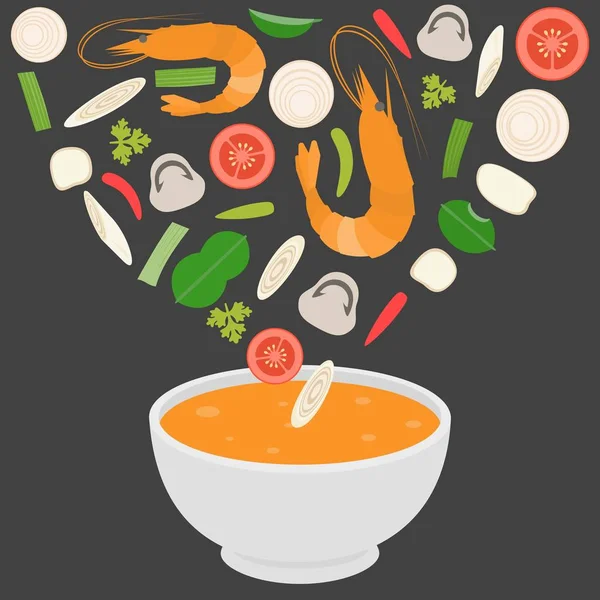 Thaise keuken Tom-Yam-Kung pittige Thaise garnalen soep — Stockvector