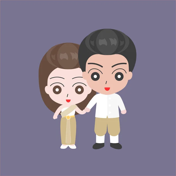 Pengantin pria bergandengan tangan dengan Bridge, sepasang kekasih dalam konsep kostum pernikahan Thailand, vektor desain datar - Stok Vektor