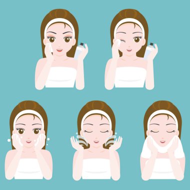 Sevimli tatlı kız kullanımı ürün yıkama ve temizlik yüzü, Dermatoloji, kozmetik ve spa ürün için düz tasarım vektör öğretim için