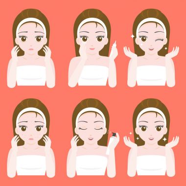 Sevimli tatlı kız yüzünde göz kremi ve sprey Cilt Bakımı uygulamak, tasarlamak vektör, düz önce ve sonra Dermatoloji, kozmetik ve spa ürün kullanım talimatı