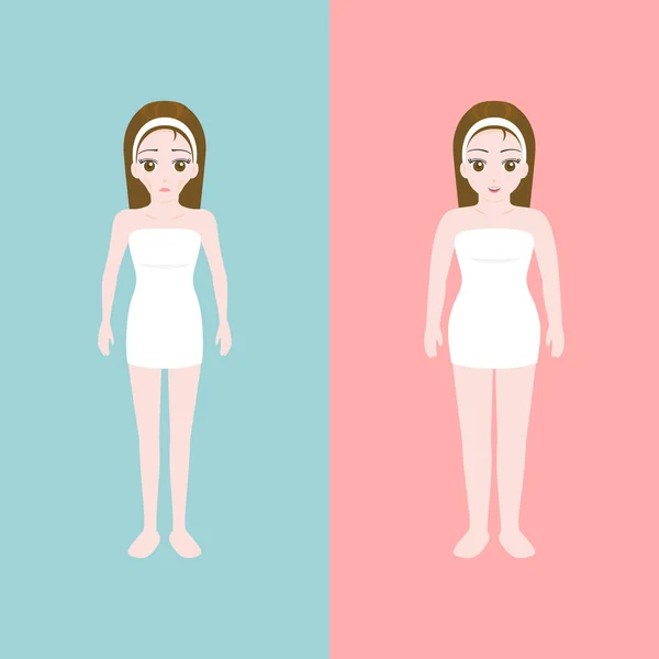 Vrouw in de handdoek mager ondergewicht en normale vorm, anorexia nervosa grafische info, platte ontwerp vector voor fitness- en gezondheidszorg — Stockvector