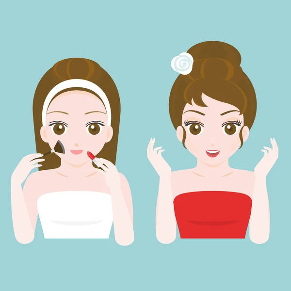 Woman before and after make up in towel and red dress, flat design vector — Stock Vector
