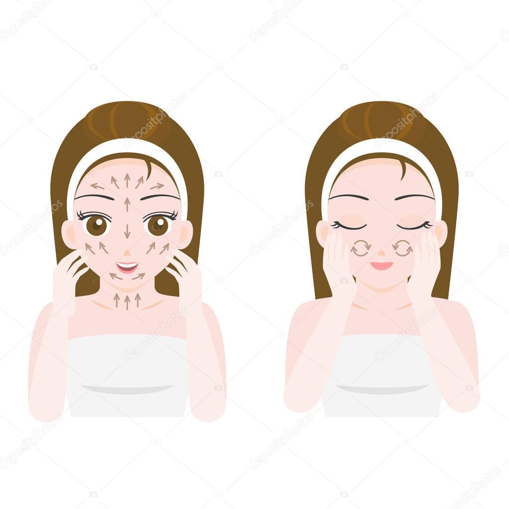 woman massage and scrub face with arrows in flat design, for skin care product