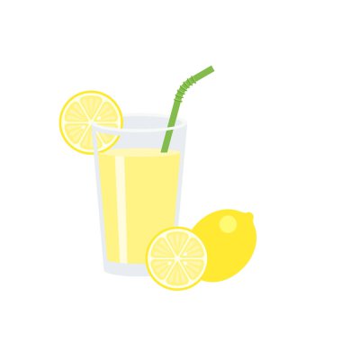 Limon suyu cam dilim limon ve yeşil hasır, düz tasarlamak vektör