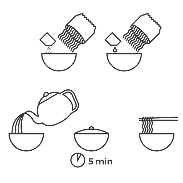 Graficzny informacje o przygotować makaron instant do użycia jako instrukcji na opakowaniu, wektor zarys — Wektor stockowy