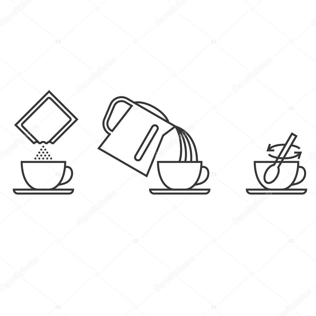 Step brewing instant powder for drink such as collagen, instant tea, cocoa, coffee, milk, outline design vector illustration