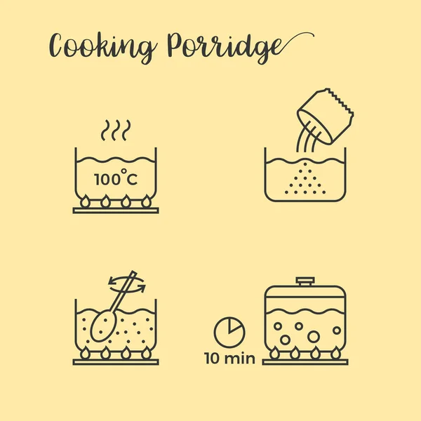 Informazioni grafiche di cottura porridge in pentola passo dopo passo, icona contorno — Vettoriale Stock