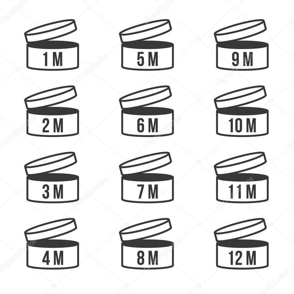 Expiration date After opened product 1-12 months, shelf life sign icon for label of cosmetic