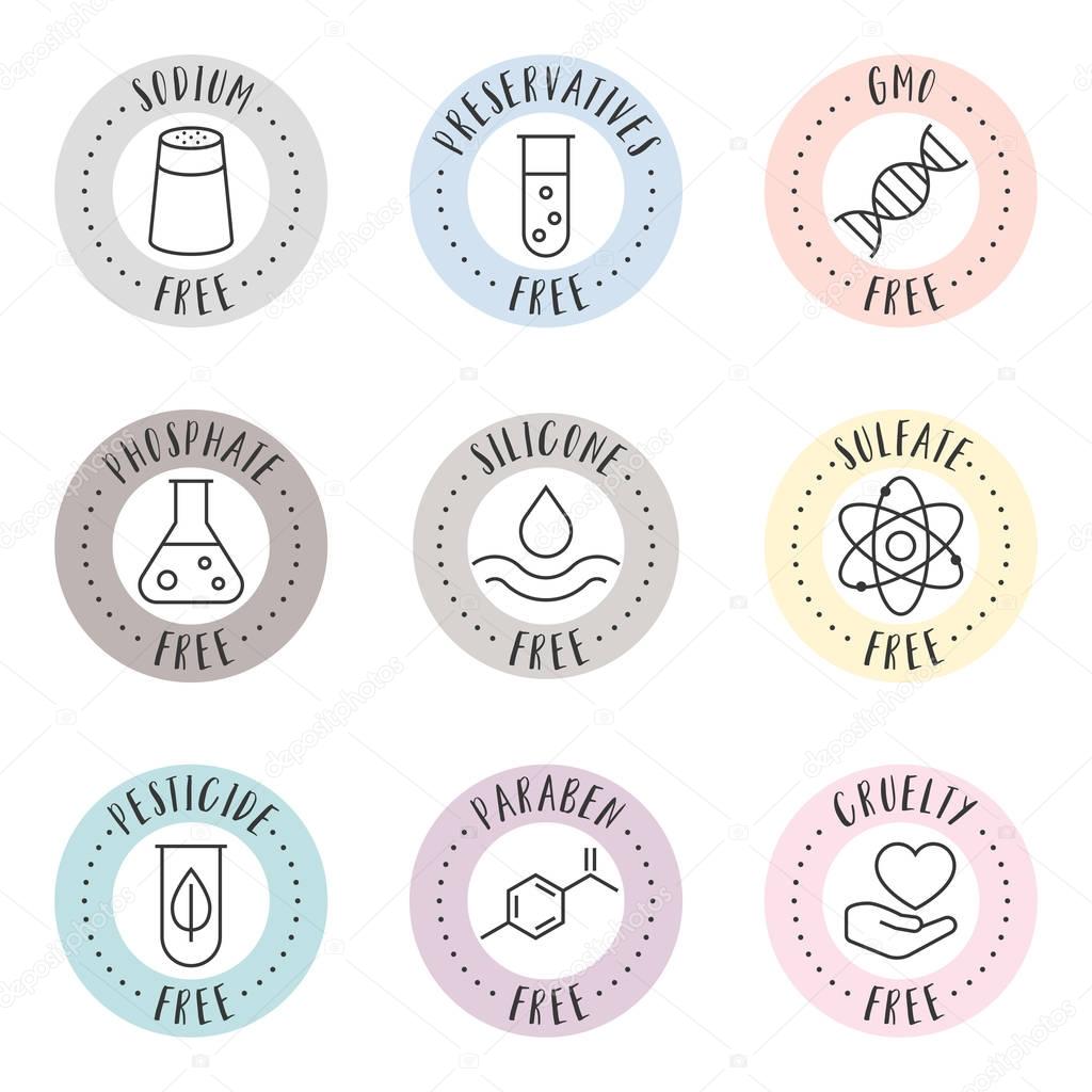 Cosmetic and pharmaceutical badges in outline style for organic and natural products