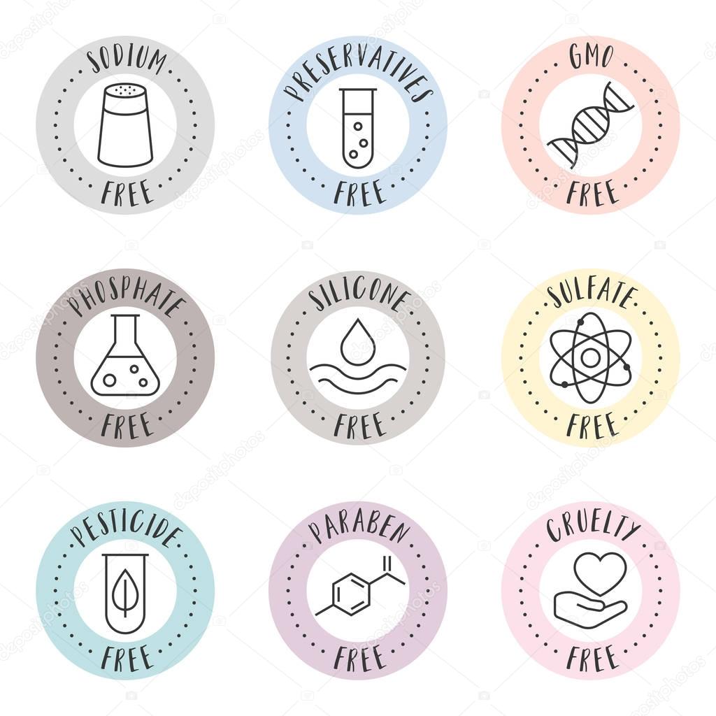 cosmetic and pharmaceutical badges in outline style for organic and natural products