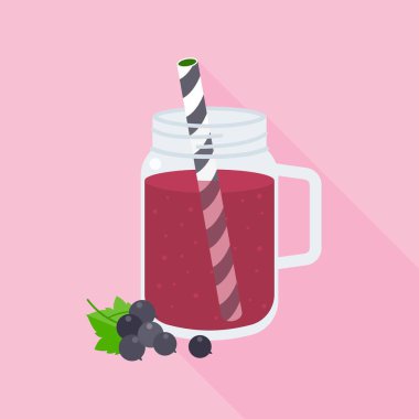 Blackcurrant yüzlü Siyah frenk üzümü, düz tasarlamak vektör mason kavanoza