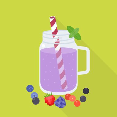 Ahududu, blackcurrant, yaban mersini ve böğürtlen, düz tasarlamak vektör mason kavanoza mix meyve güler yüzlü