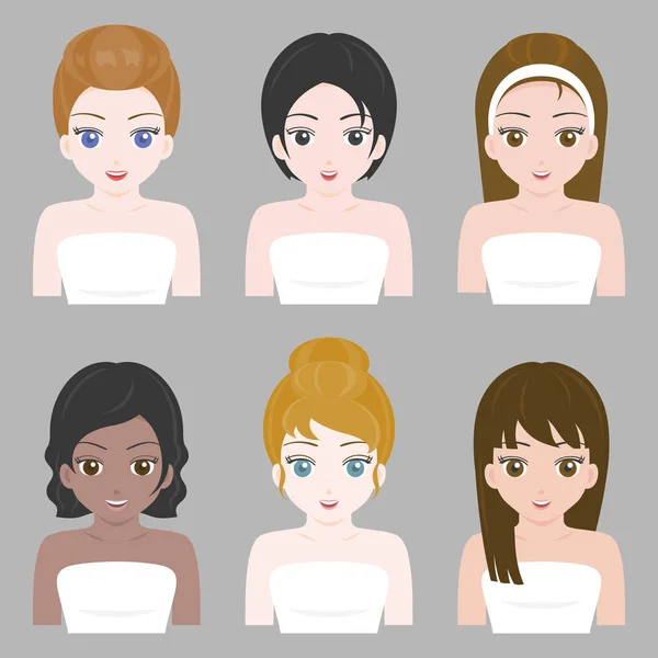 Chica bonita en varias nacionalidades y el diseño del cabello, vector de diseño plano — Vector de stock