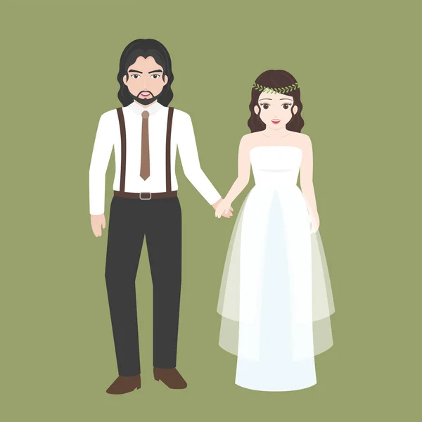 Groom holding hand with Bridge, lover couple in wedding costume concept, flat design vector — Stock Vector