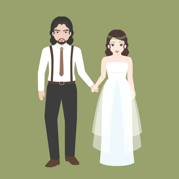 Novio de la mano con el puente, pareja amante en el concepto de traje de boda, vector de diseño plano — Archivo Imágenes Vectoriales