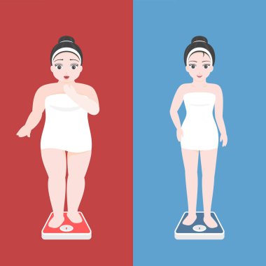 havlu ölçekte ve normal ağırlık ölçekler, obezite illüstrasyon kavramı üzerinde güzel kız kilolu kadınlarda