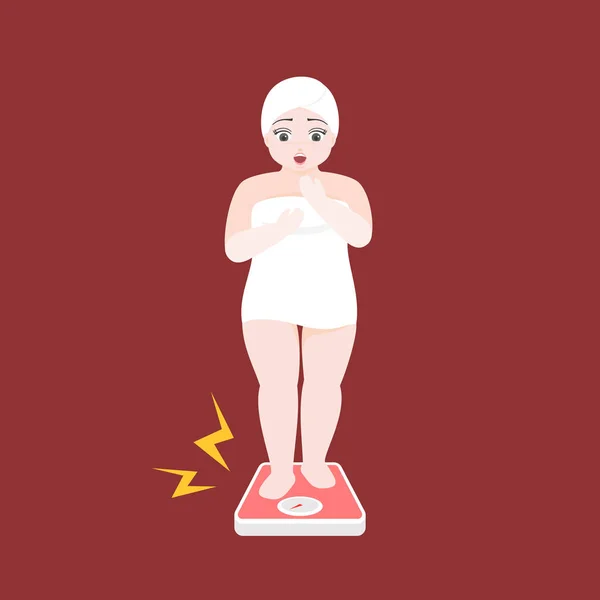 Overgewicht vrouwen in handdoek op schaal, obesitas illustratie concept — Stockvector