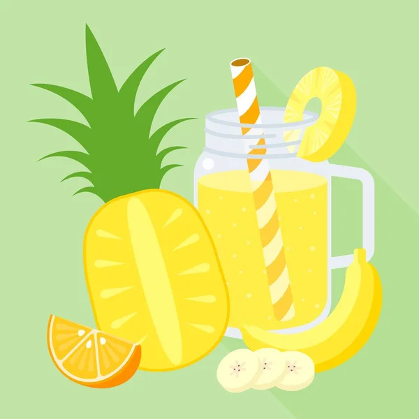 Batido mezcla de frutas en tarro de albañil, naranja, plátano, piña, vector de diseño plano — Archivo Imágenes Vectoriales