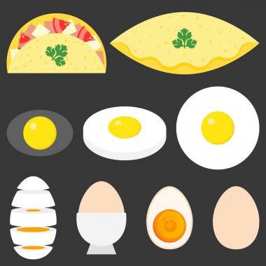 sahanda yumurta, omlet, haşlanmış yumurta, yumurta, düz tasarım dilim topluluğu