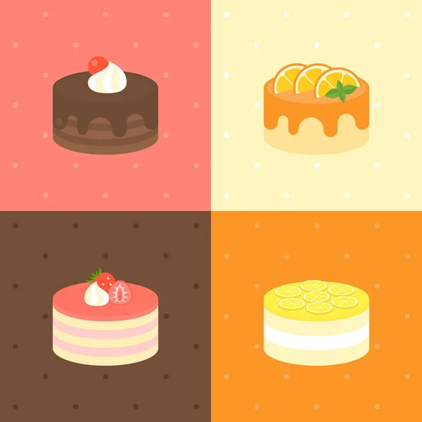 Dulce de chocolate, naranja, pastel de capa de limón, pastel de queso de fresa en diseño plano — Vector de stock