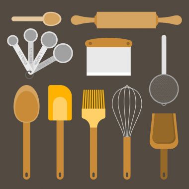 düz fırın ekipman ve mutfak eşyaları, ölçüm kaşığı, çırpma teli, un elek, spatula, oklava, hamur ve kase kazıyıcı, tahta kaşık, gibi tasarlamak vektör