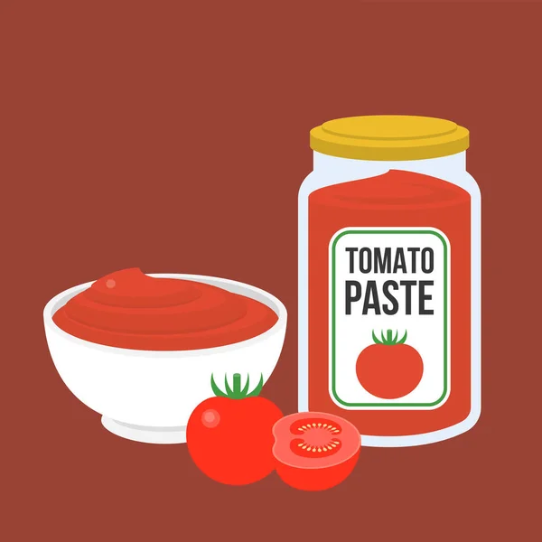Pasta de tomate, em garrafa e em tigela com metade de tomate, design plano —  Vetores de Stock