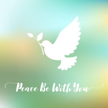 Barış olsun kaligrafi yazı el ve barış, işareti ile güvercin veya güvercin zeytin dalı ile