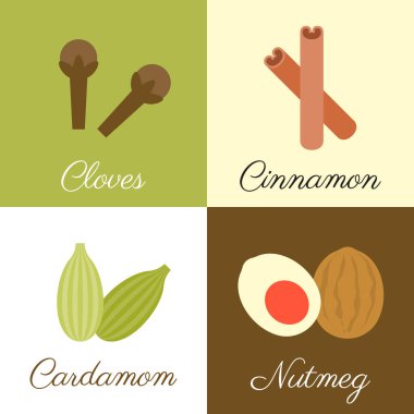Otlar ve Baharatlar, karanfil, tarçın, kakule ve küçük hindistan cevizi, düz tasarım simgesi