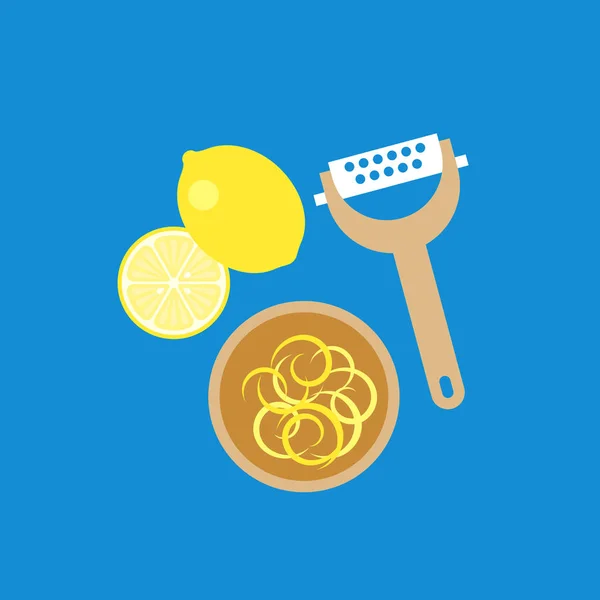 Limone, grattugia e scorza di limone in ciotola di legno, icona del design piatto — Vettoriale Stock